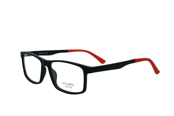Black Square Eyeglasses with Red Tips by Oogappel Side View