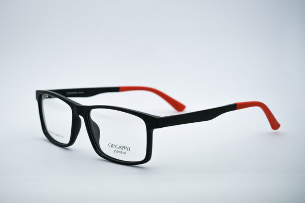 Black Square Eyeglasses with Red Tips by Oogappel Side View Original
