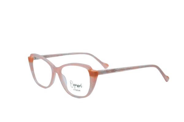 Transparent pink marbled acetate women's eyeglasses with orange temple tips side view no background