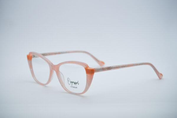 Transparent pink marbled acetate women's eyeglasses with orange temple tips side view original